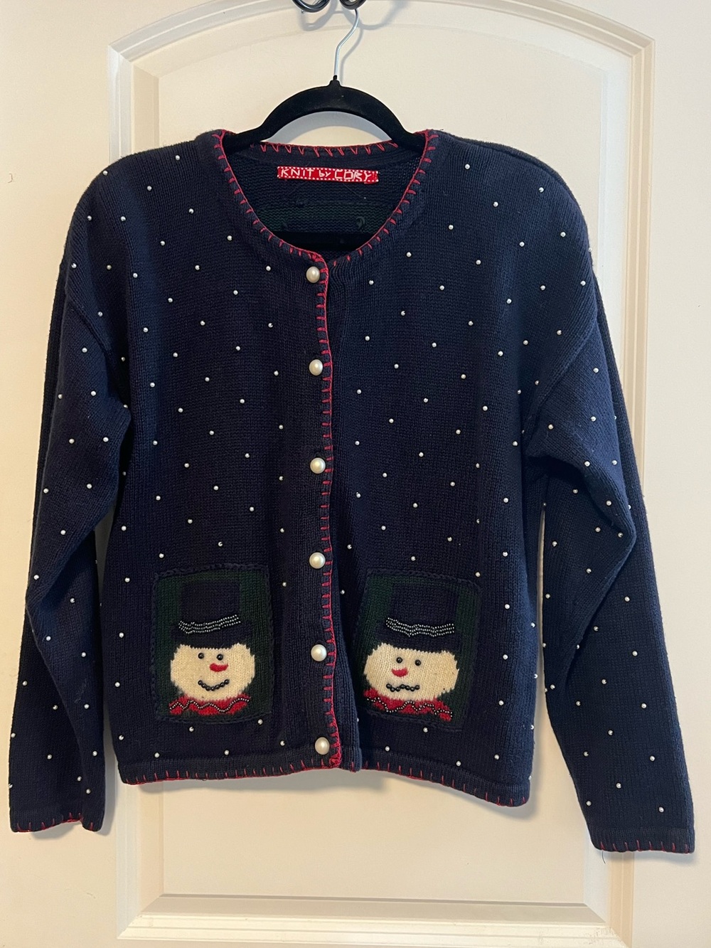 VNTG Hand Knit Beaded Christmas Snowman Cardigan Sweater